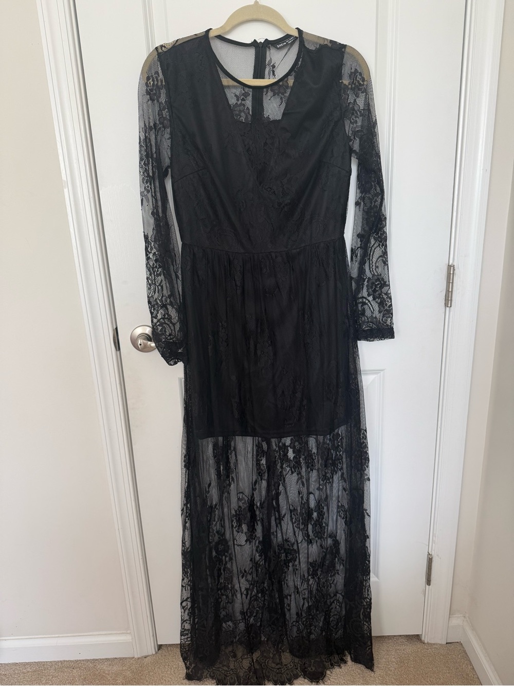 SHEIN Black Lace Long Sleeve Maxi Dress with Sheer Skirt